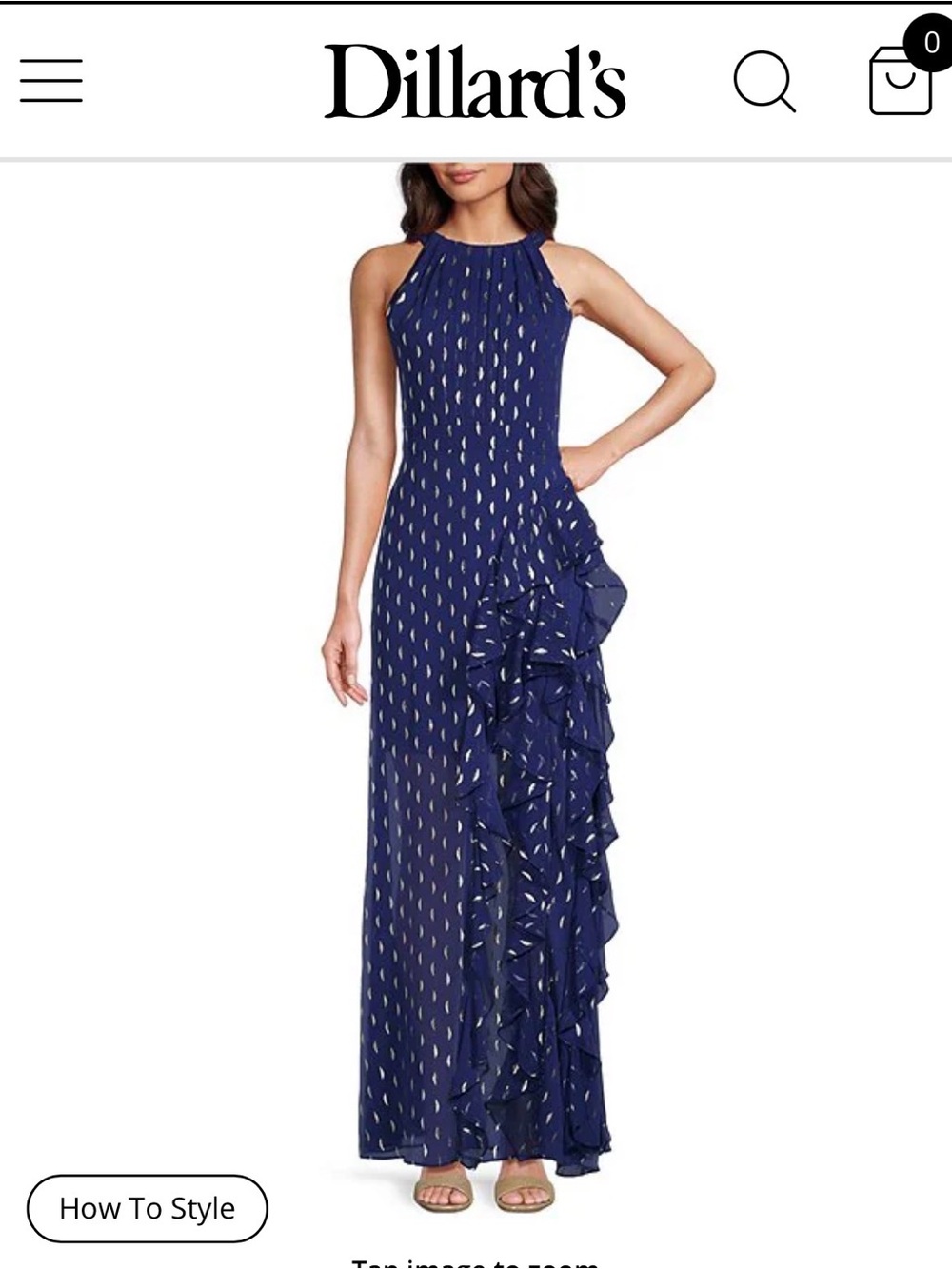 Betsy & Adam Navy Maxi Dress with gold Teardrop Print and Tie Neck